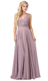 Pleated-Bodice Chiffon Formal Dress with Beaded Belt